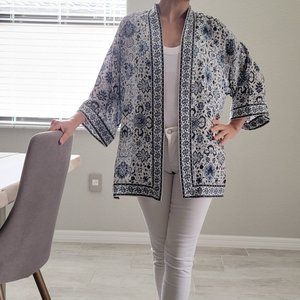 Mediterranean floral kimono jacket- One Size- Color: Multi/Blue & White